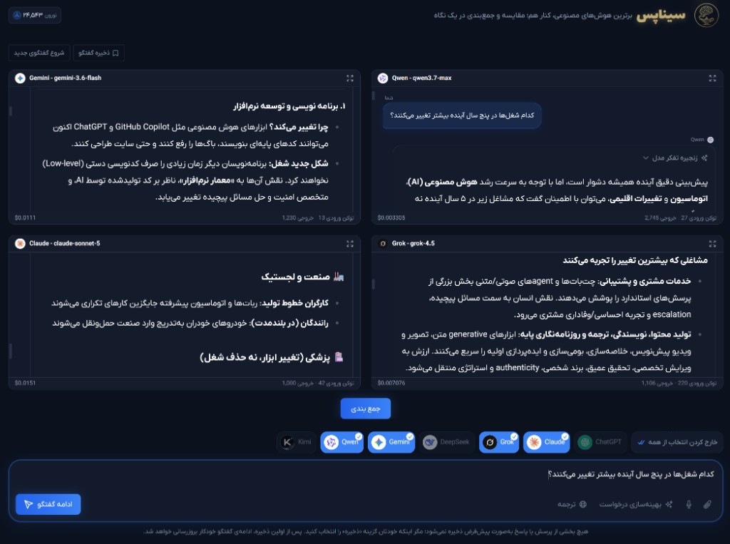 مقایسهٔ پاسخ مدل‌ها با دکمهٔ جمع‌بندی در سیناپس